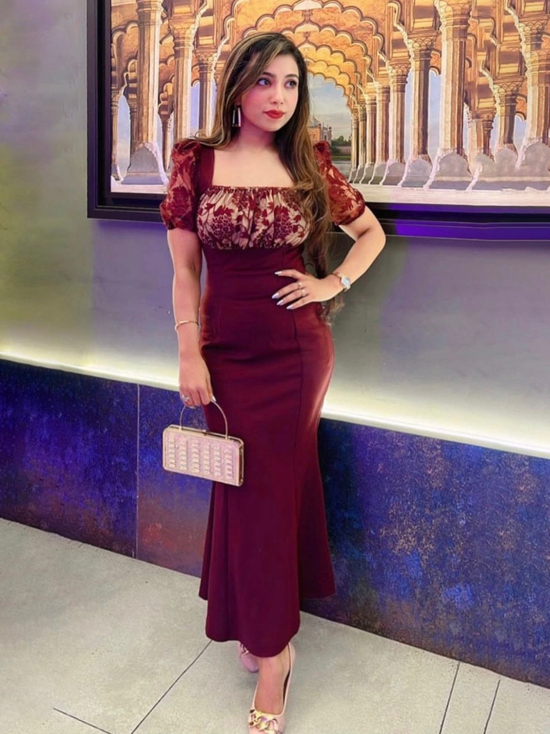 Crease Ease Women's Wine Square Neck Short Puff Sleeve Lace Bodycon Midi Dress Flare Hem Trend Appeal