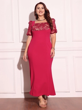 Dreamy Layers Women's Dark Pink Square Puff-Sleeves Solid Lace-Overlaid Ankle Length Dress
