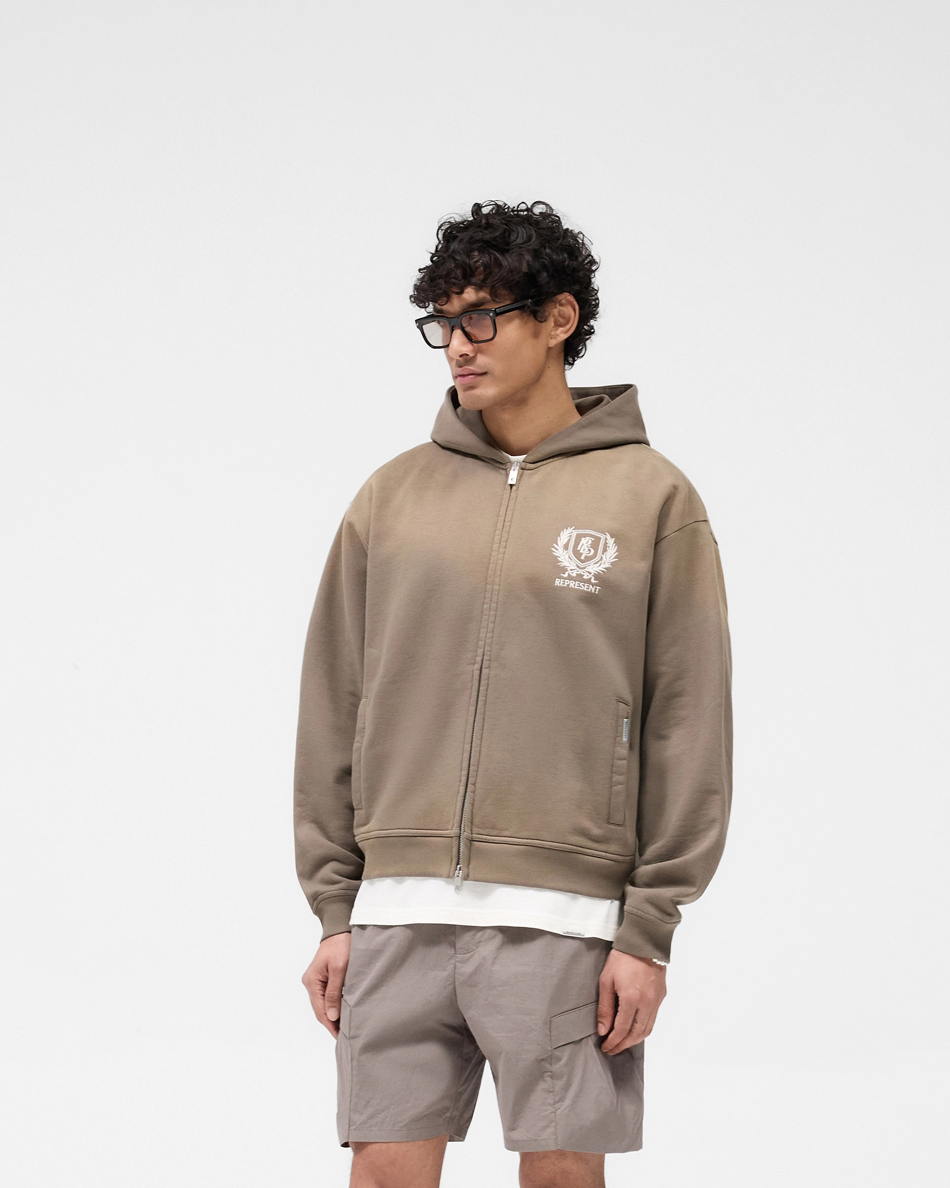 winter clothing Freelancer Uniform Crest Zip Up Hoodie - Dark Taupe