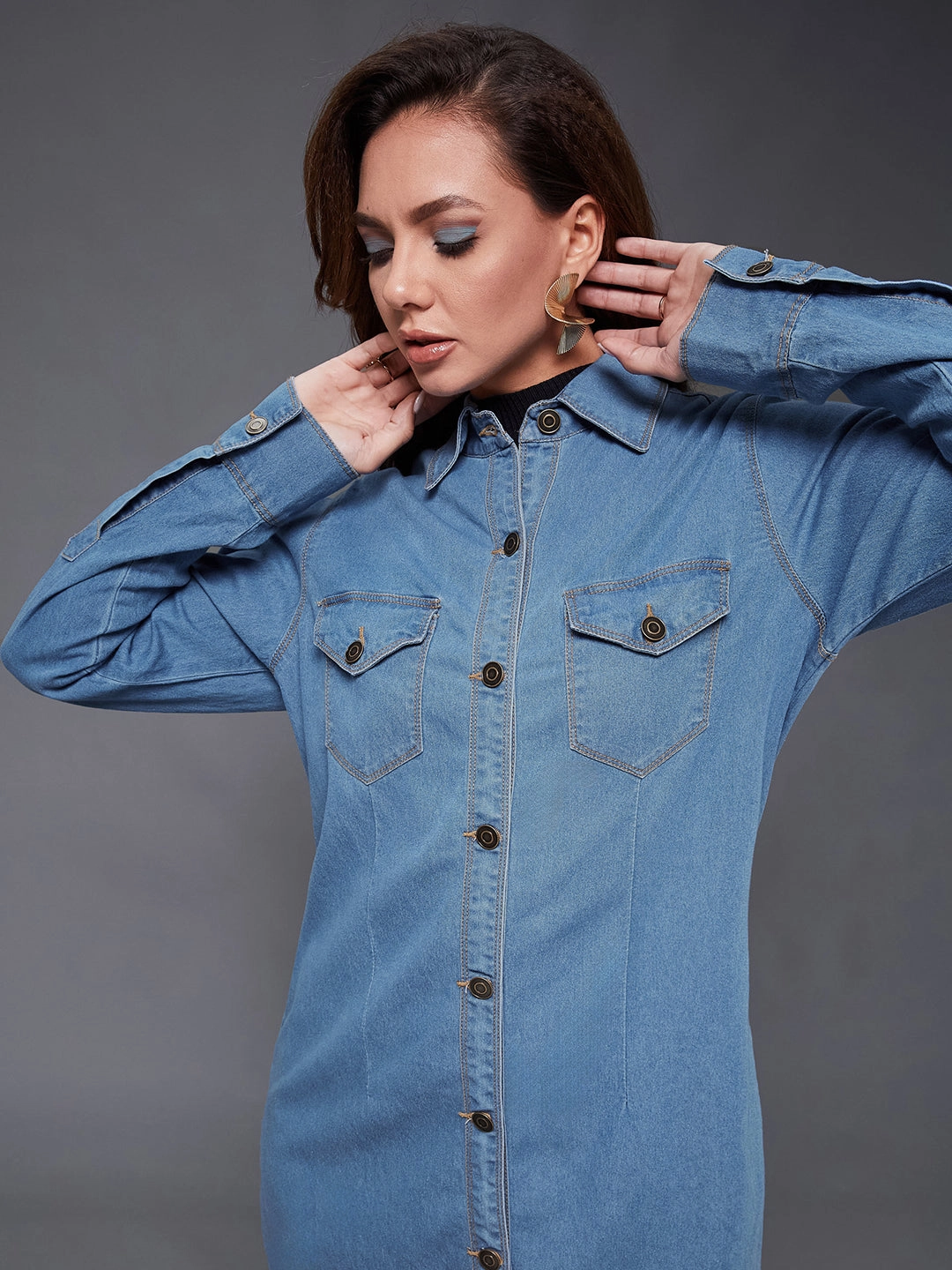 Women's Blue Polo Neck Full Sleeves Light Weight Denim Knee-Long Shrug Flexible Elasticity Eco Certified Textiles