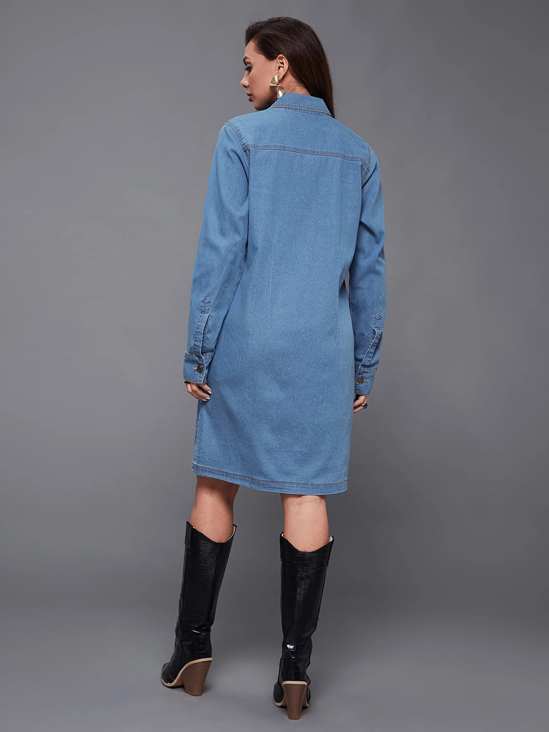 Women's Blue Polo Neck Full Sleeves Light Weight Denim Knee-Long Shrug Reinforced Seam Durability