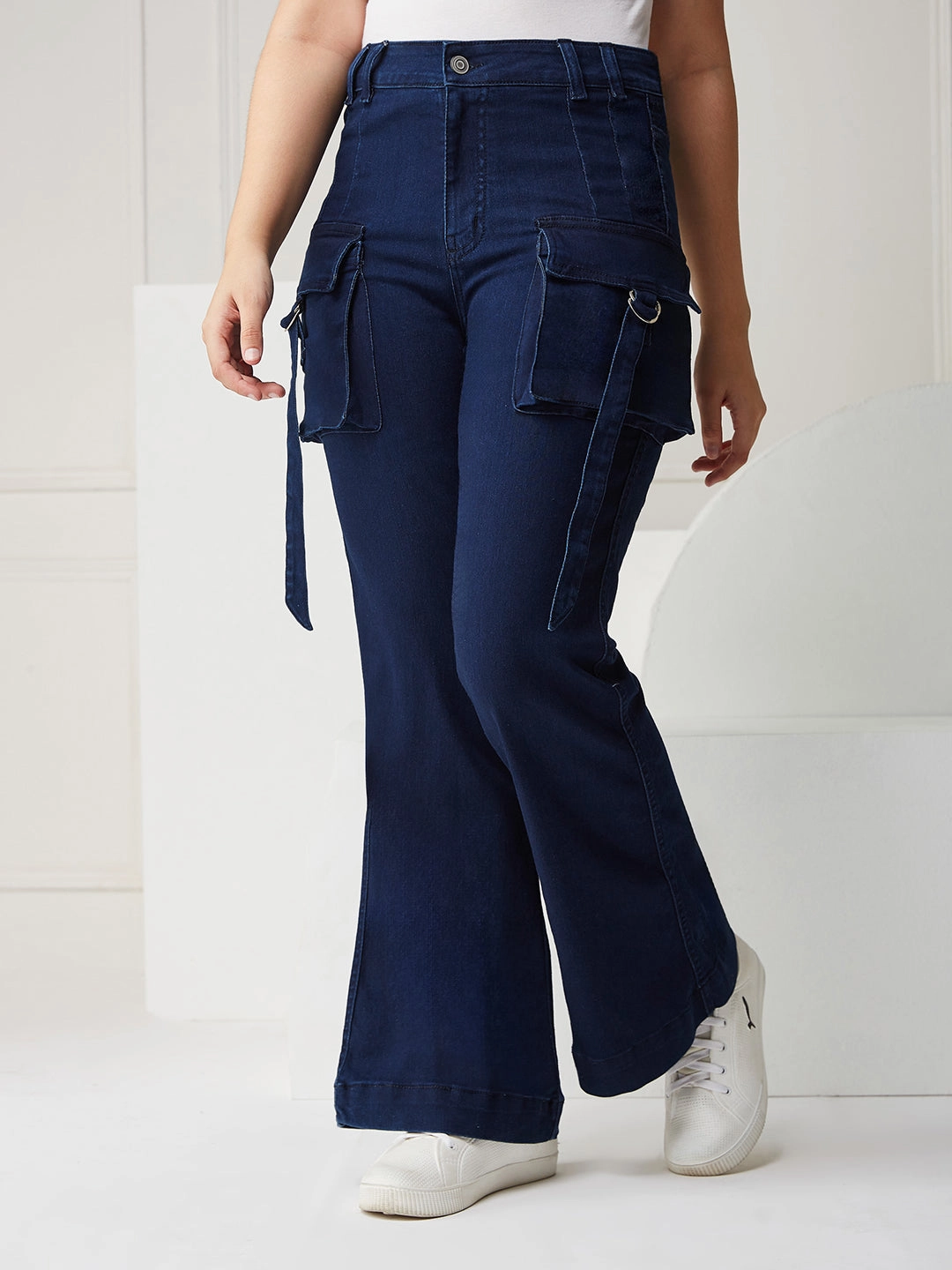 Navy Blue Bootcut High-rise Clean-look Regular Stretchable Denim Jeans Suitable Outfit Outdoor Adventure Party Look Youth Style