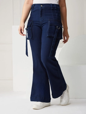 Navy Blue Bootcut High-rise Clean-look Regular Stretchable Denim Jeans Suitable Outfit Outdoor Adventure Party Look Youth Style
