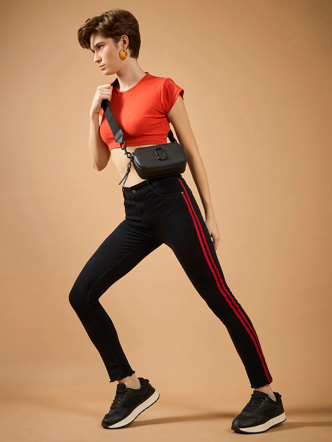 Spring Mood Office Wear Minimalist Recycled Cotton Blend Women's Black Slim Fit High-Rise Clean-Look Regular-Length twill Tape Detailing Stretchable Denim Jeans