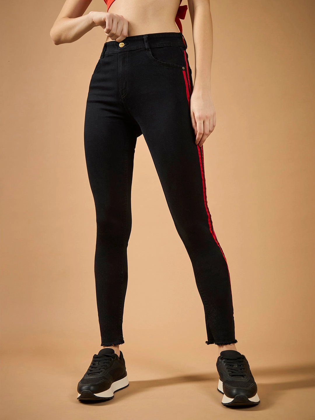 Women's Black Slim Fit High-Rise Clean-Look Regular-Length twill Tape Detailing Stretchable Denim Jeans Weekend Style Rainy Day