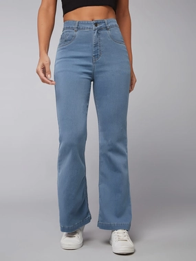 Women's Light Blue Bootcut High-Rise Clean-Look Regular Stretchable Denim Jeans Flat Lock Stitching Comfy Wear