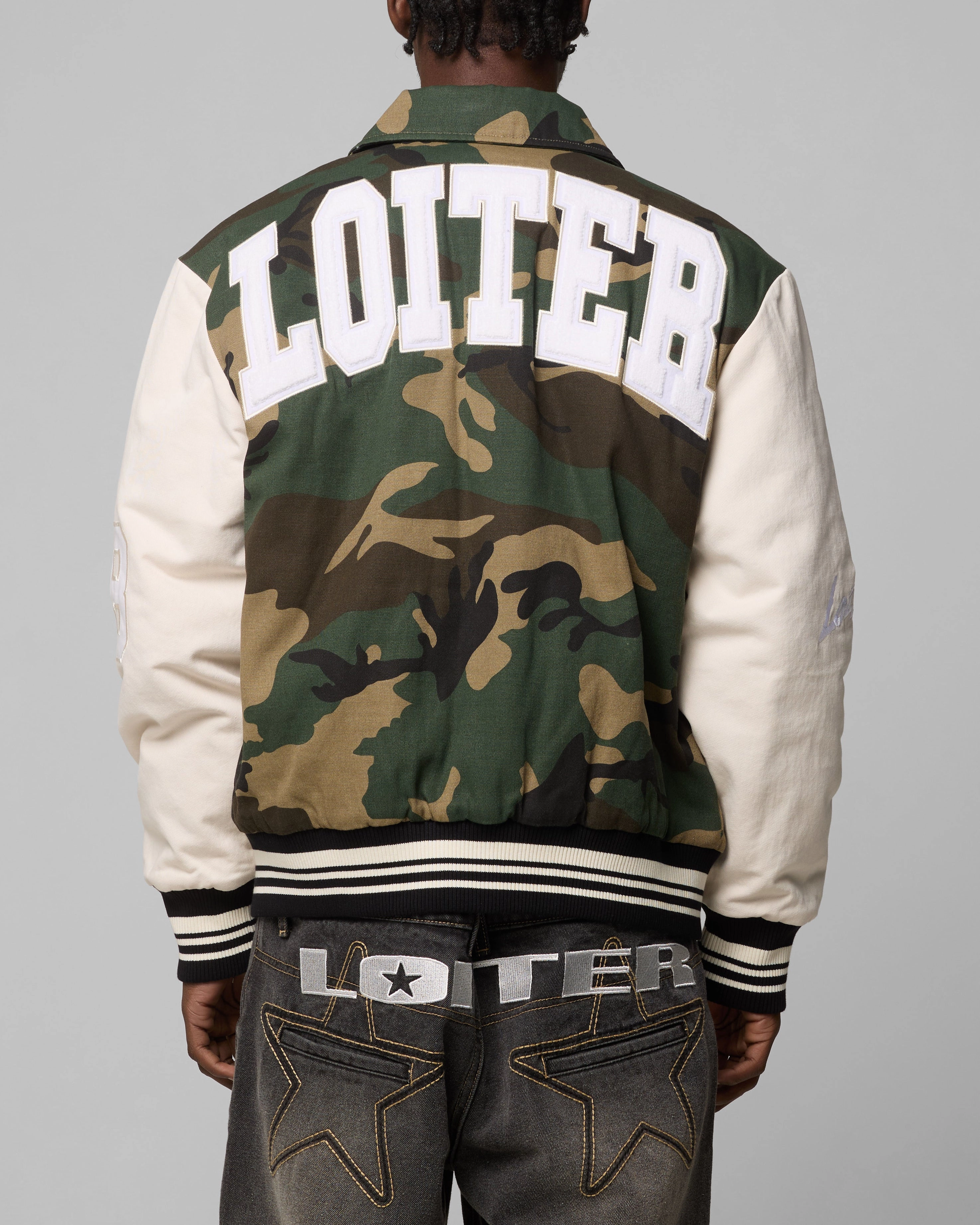 Loiter Star Child Varsity Jacket Woodland Camo Quick Wear Fit Flexible Cuffs
