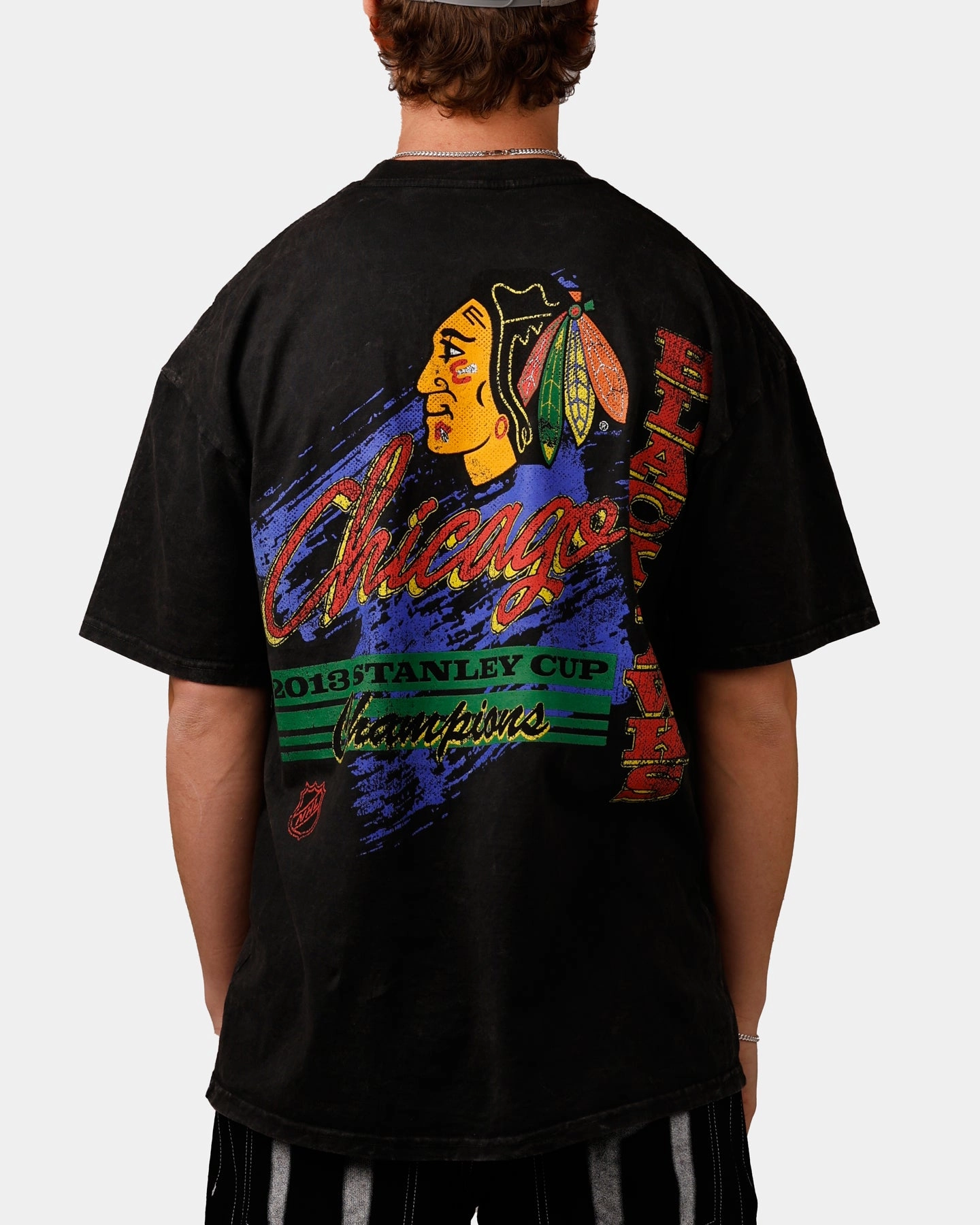 SoftFeel Fabric Sustainable Production Methods Culture Kings Chicago Blackhawks Vintage T-Shirt Black Acidwash