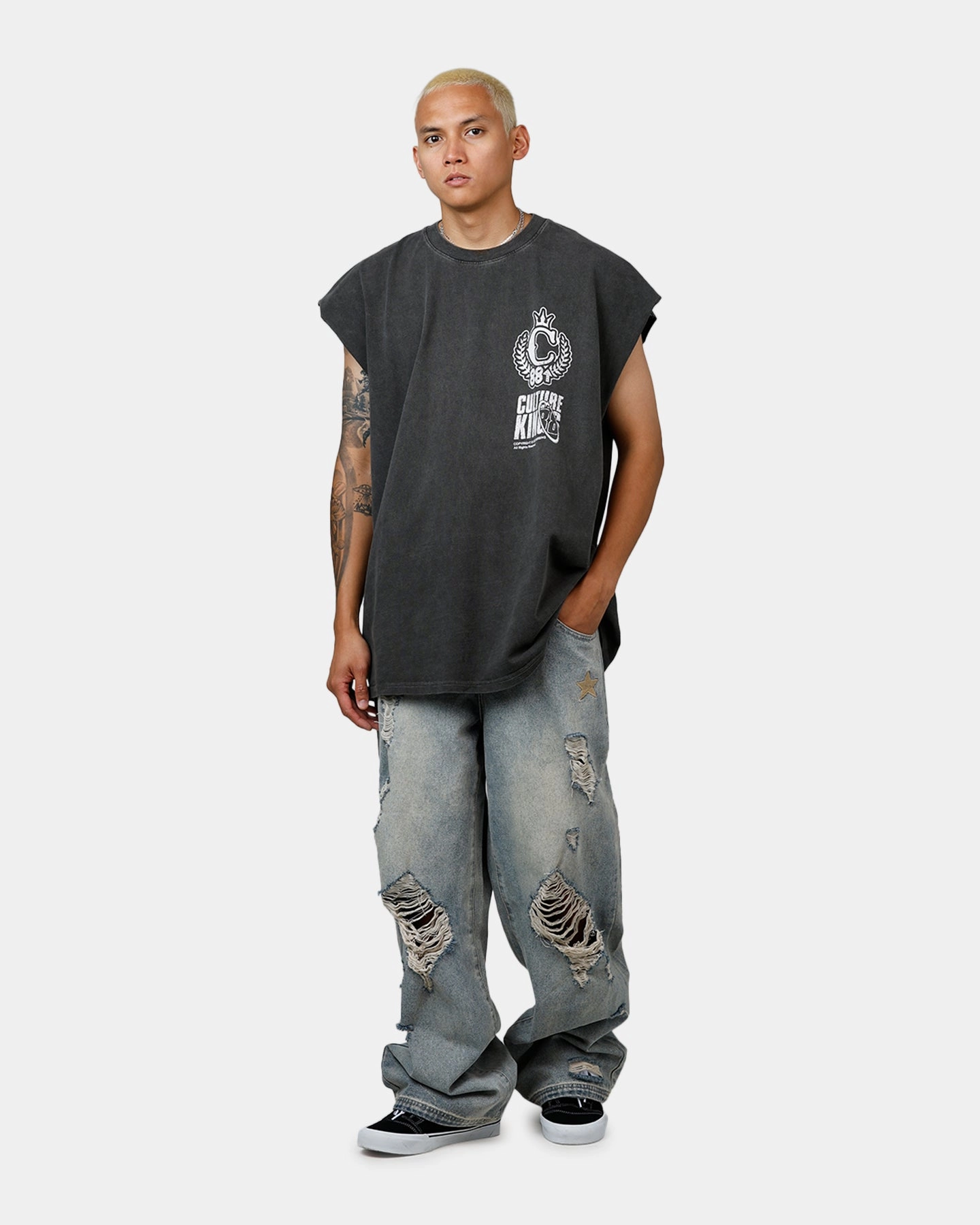 Roll Up Sleeve Design Culture Kings X 88Rising Degrees Muscle T-Shirt Black Wash