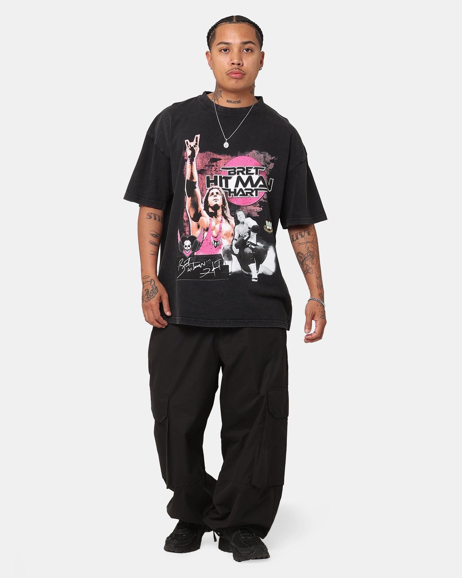 GarmentWashedFinish Comfortable Layer Culture Kings X WWE Bret "The Hit Man" Hart Vintage T-Shirt Black Acidwash