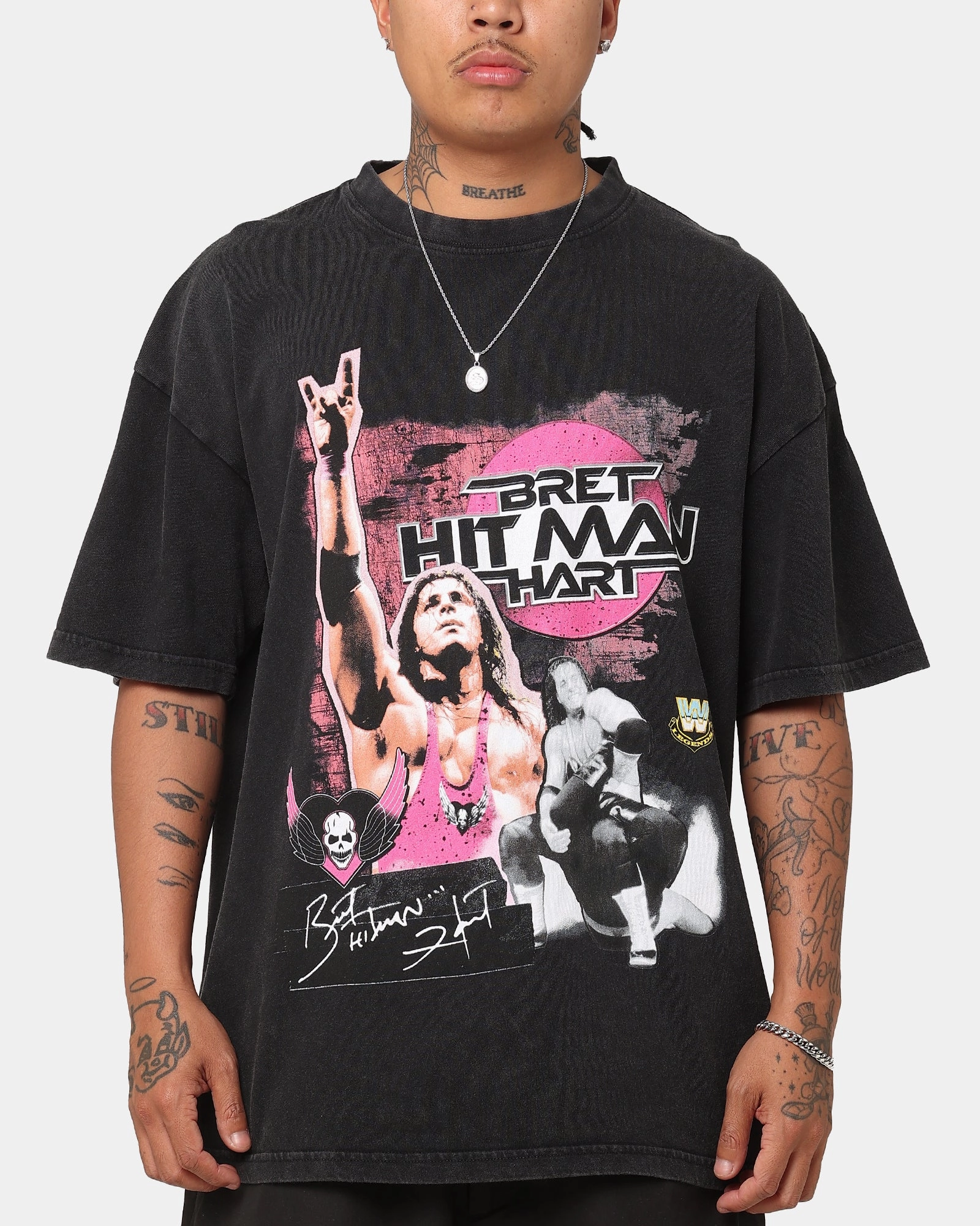 Culture Kings X WWE Bret "The Hit Man" Hart Vintage T-Shirt Black Acidwash Airflow Mesh Lining Adjustable Hemline
