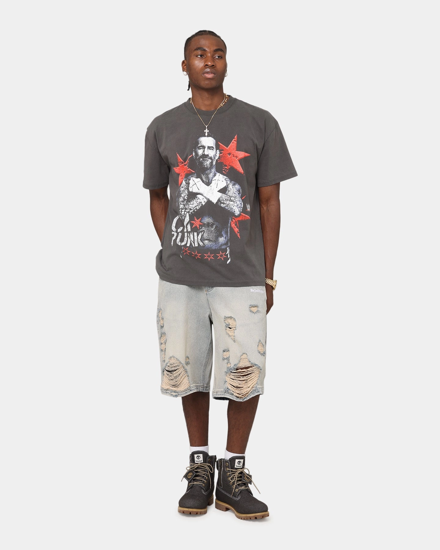 Stretchable Material RibbedTexture Culture Kings X WWE CM Punk Heavyweight T-Shirt Black Wash