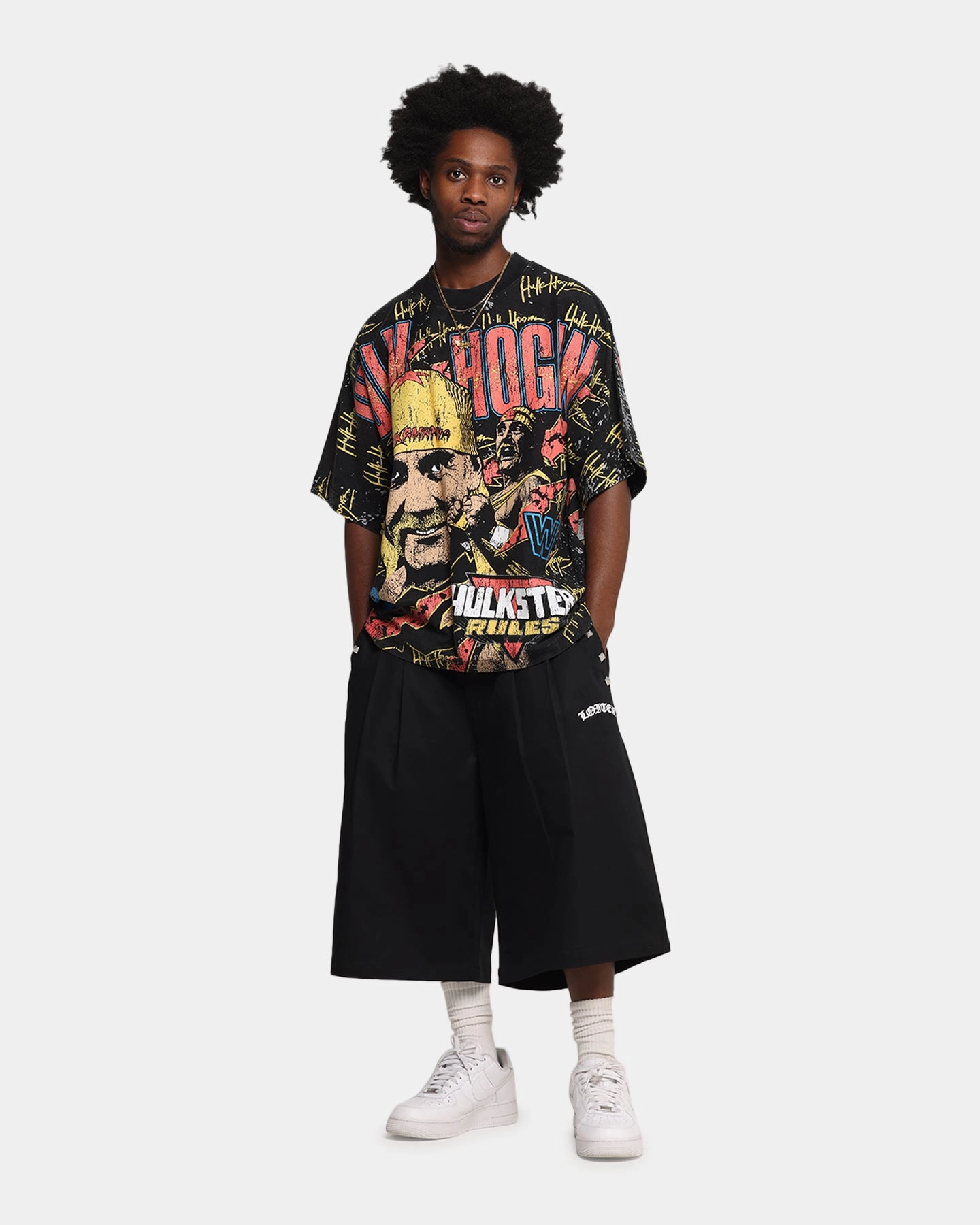 Culture Kings X WWE Hulk Hogan All Over Print T-Shirt Black Ultraviolet Protection Finish Hydrophobic Surface Treatment