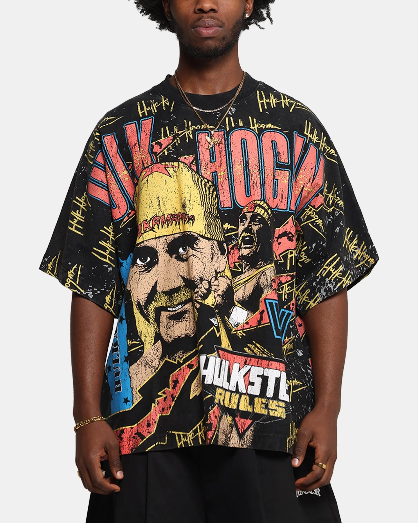 wrinkle free finish PlacketDetail Culture Kings X WWE Hulk Hogan All Over Print T-Shirt Black