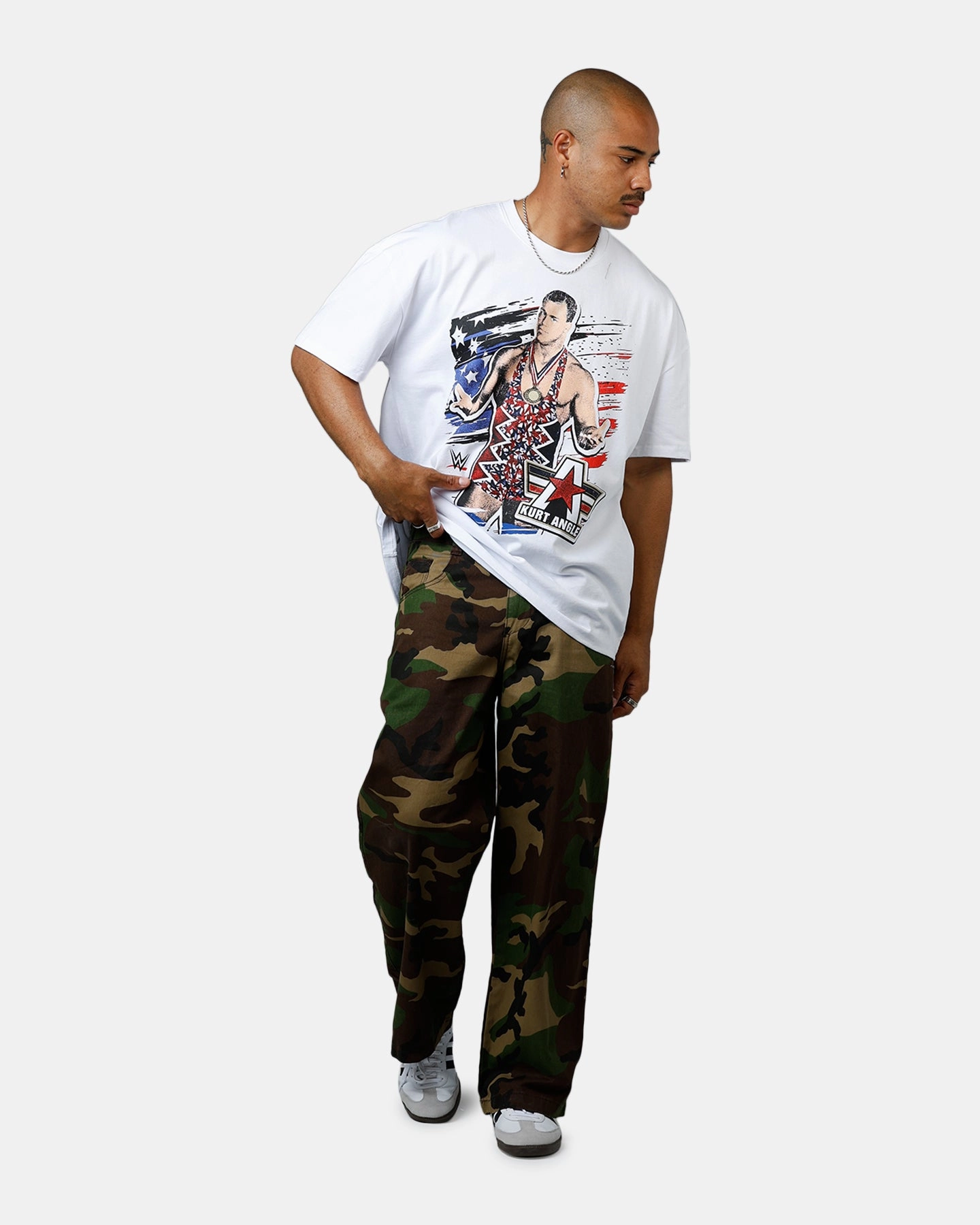 FlexibleCollar Elastic Edge Binding Culture Kings X WWE Kurt Angle Ruthless Aggression Vintage T-Shirt White