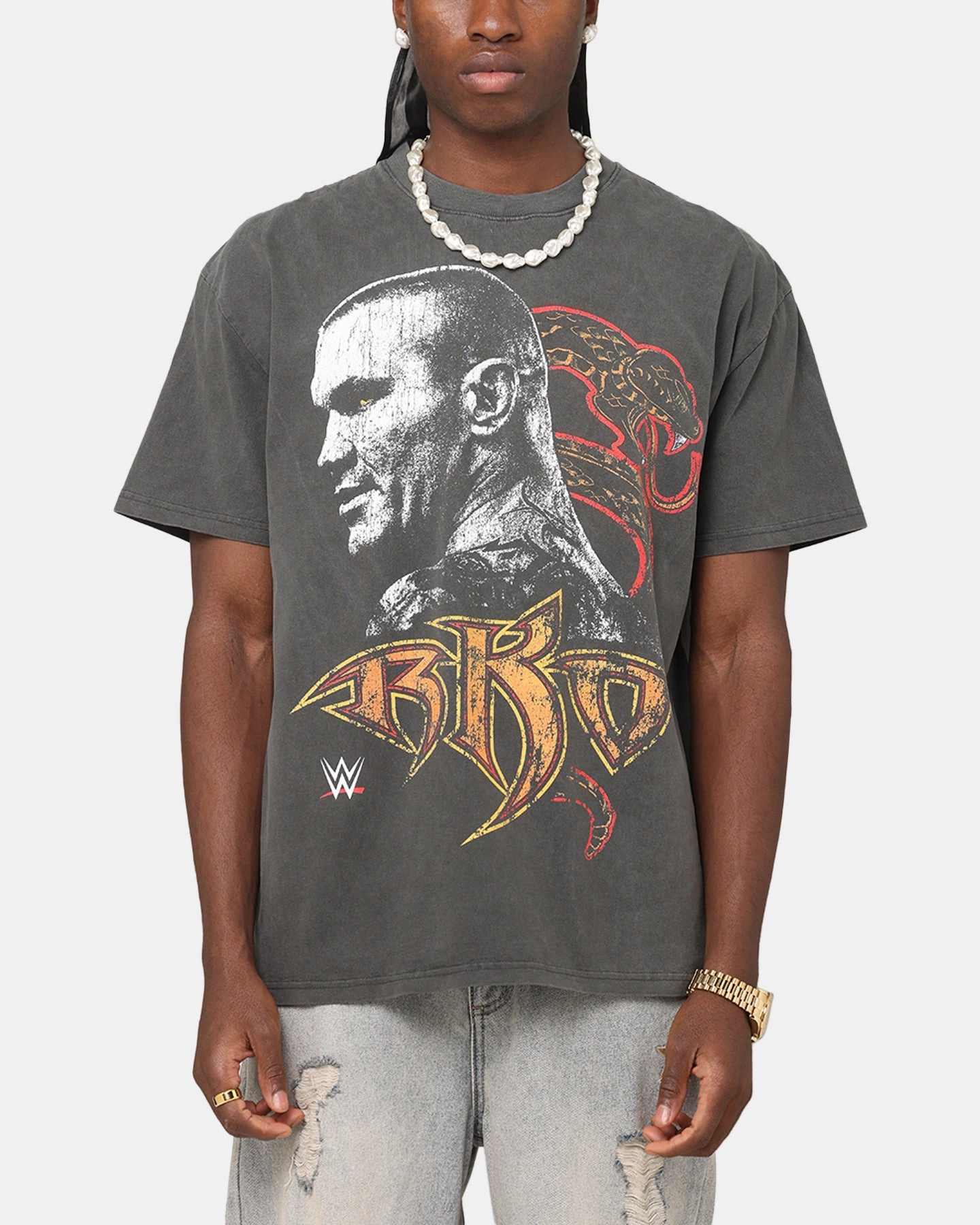 Culture Kings X WWE Randy Orton Heavyweight T-Shirt Black Wash Laser Cut Edges Biodegradable material