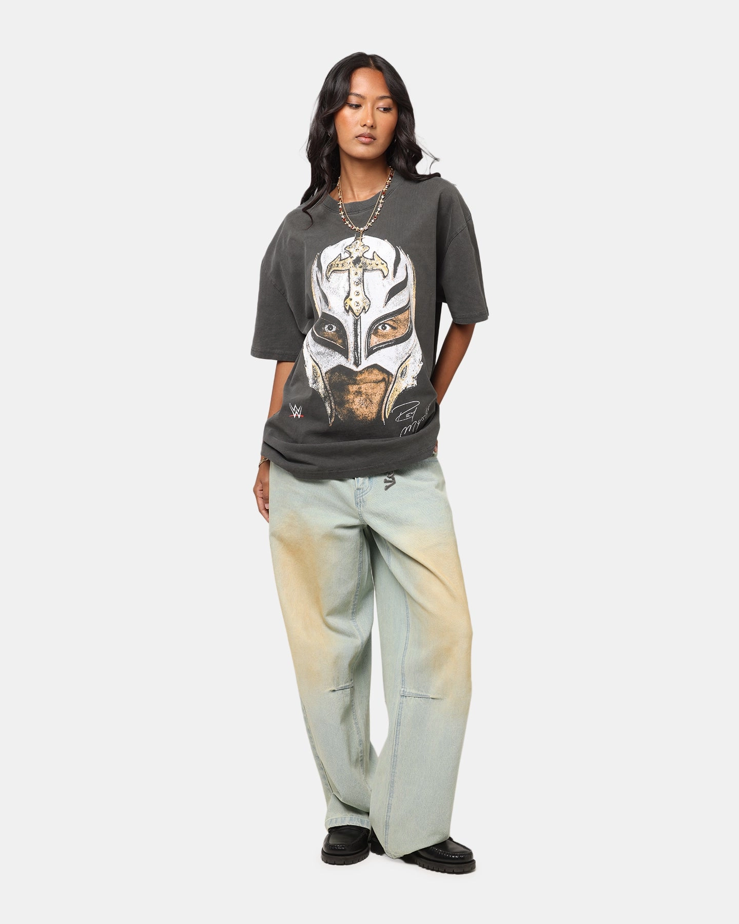 Comfortable Style Reinforced Hem Stitching Culture Kings X WWE Rey Mysterio Big Head Heavyweight T-Shirt Black Wash