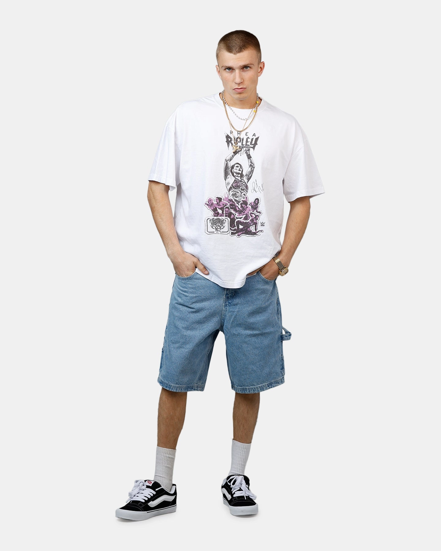 SlimFit Structured Shoulder Culture Kings X WWE Rhea Ripley Wrestlemania XLI Vintage T-Shirt White