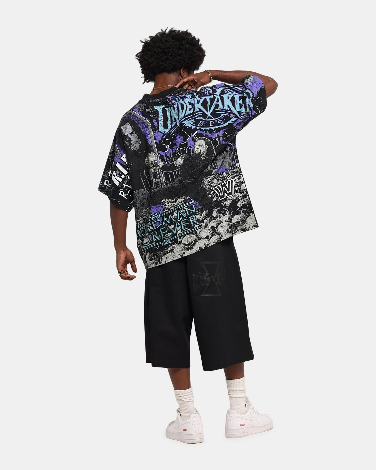 High Neck Design Trendy Sweater Culture Kings X WWE Undertaker All Over Print T-Shirt Black