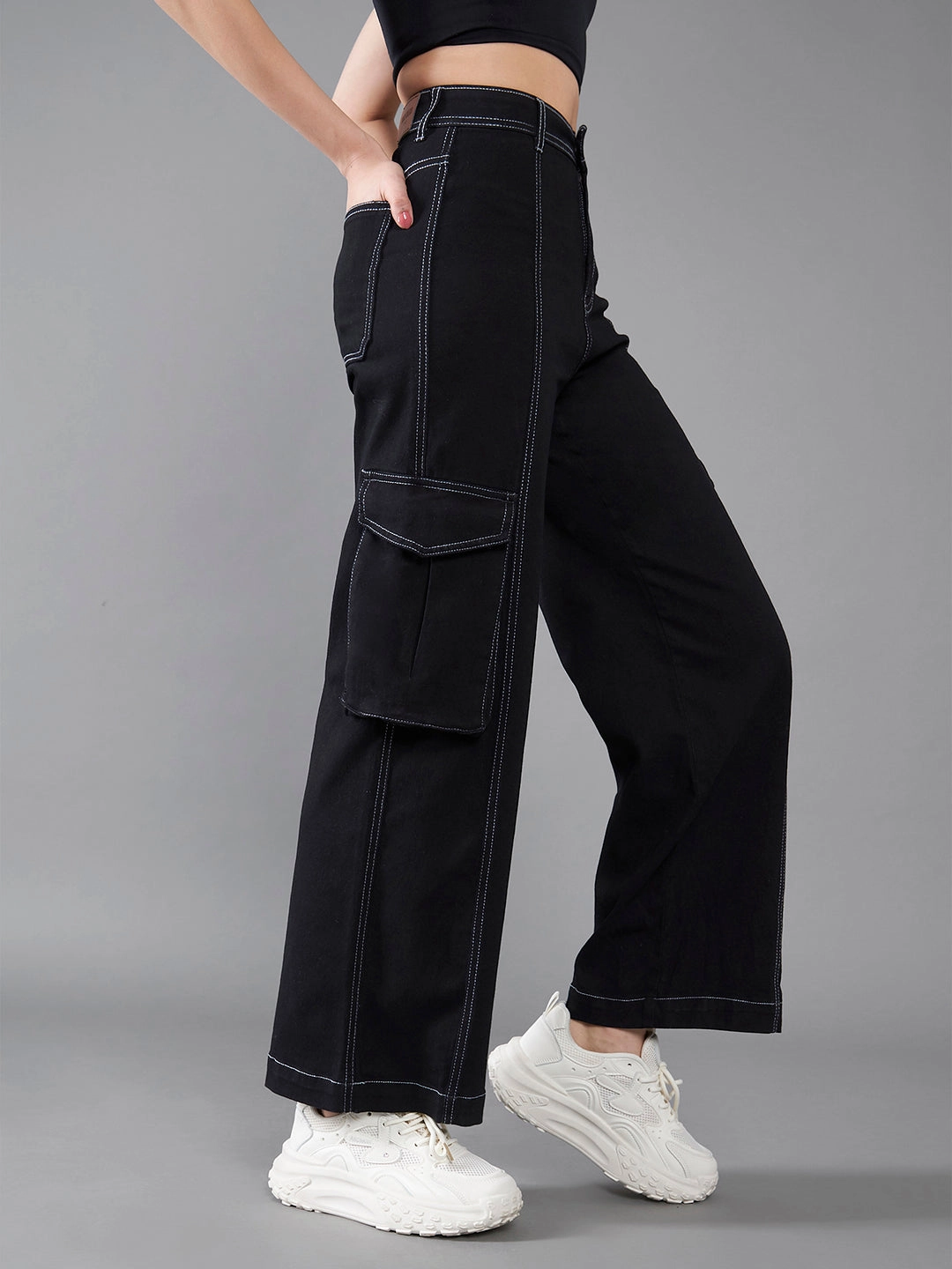 24/7 Comfort Black Wide-Leg High-Rise Stretchable Cargo Denim Jeans High Durability Thread No Fuss Style