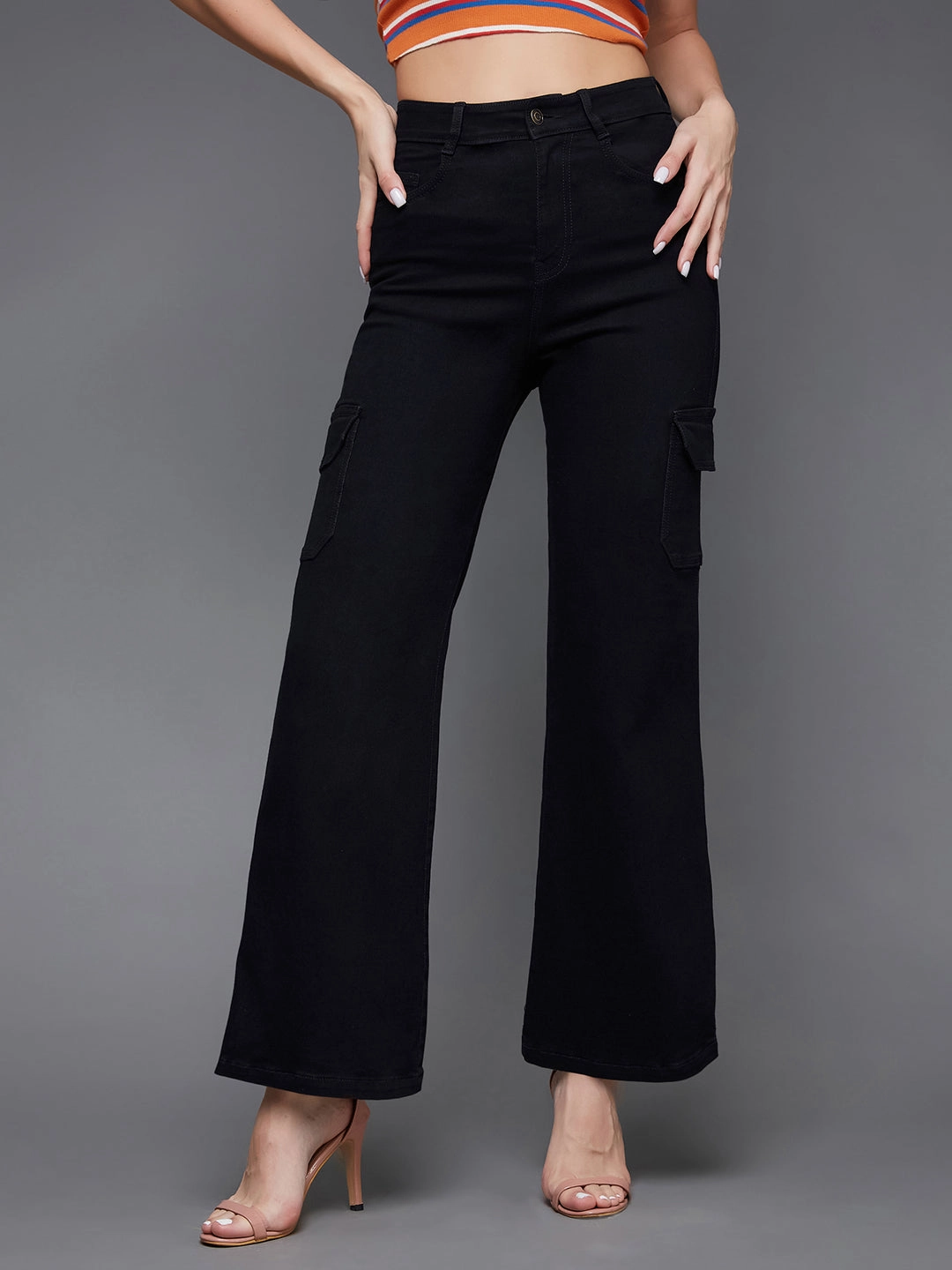 Premium Party Look Summer Vibes 24/7 Comfort Black Wide-Leg High-Rise Stretchable Denim Jeans
