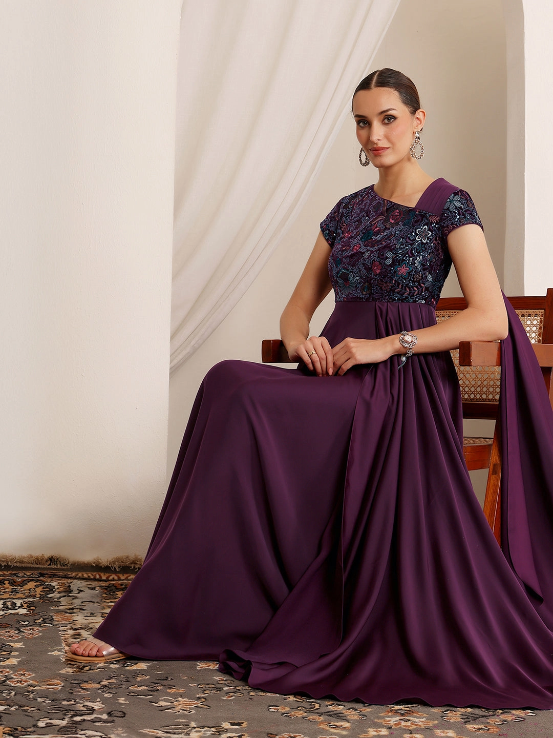 Layered-Look Soft Fabric Women's Purple Asymmetric Short Sleeve Embroidered Draped Satin Maxi Dress