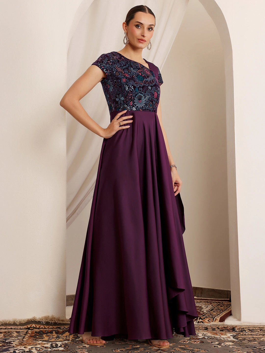 Embroidered-Sleeve Women's Purple Asymmetric Short Sleeve Embroidered Draped Satin Maxi Dress