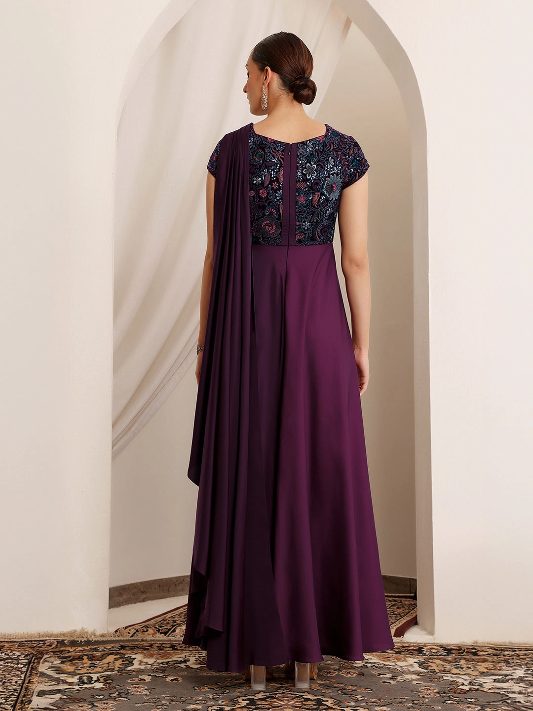 Women's Purple Asymmetric Short Sleeve Embroidered Draped Satin Maxi Dress Vibrant Design