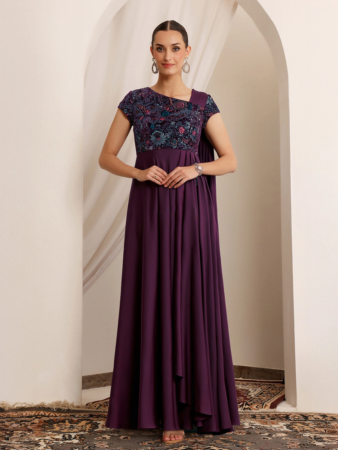 Women's Purple Asymmetric Short Sleeve Embroidered Draped Satin Maxi Dress Soft cotton blend dress Timeless Design