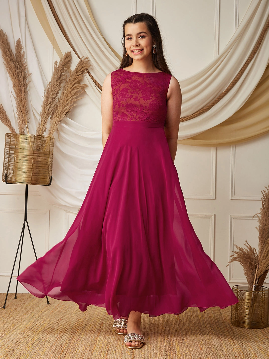 Dark Pink Boat-Neck Sleeveless Solid Lace Overlaid Polyester Maxi Dress Clean Texture