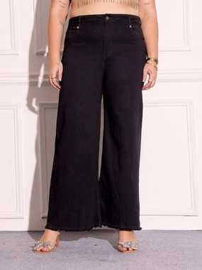 Women's Black High-Rise Stretchable Wide-Leg Denim Jeans Simple Fashion Reinforced Pockets