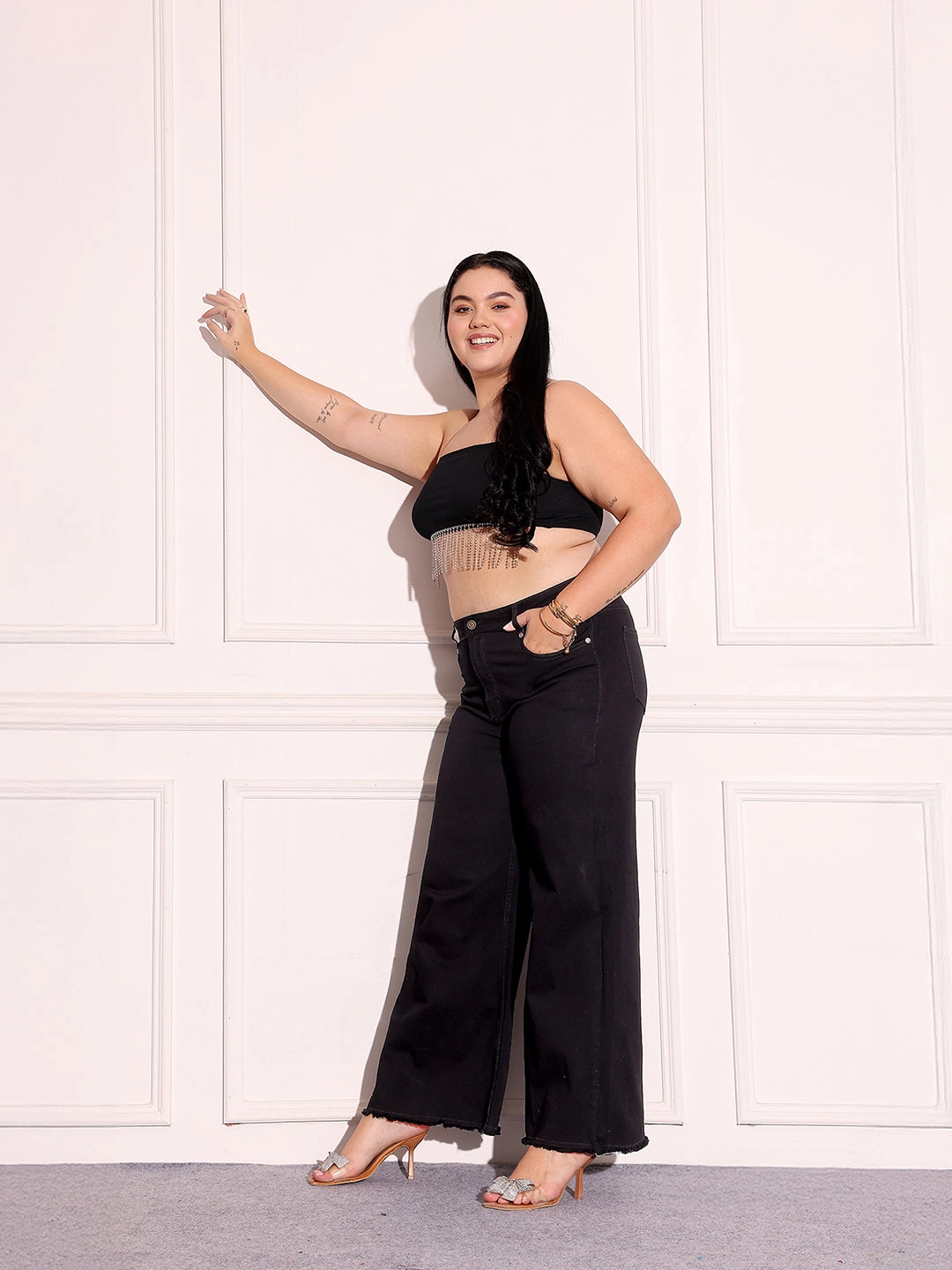 Unisex Fashion Women's Black High-Rise Stretchable Wide-Leg Denim Jeans