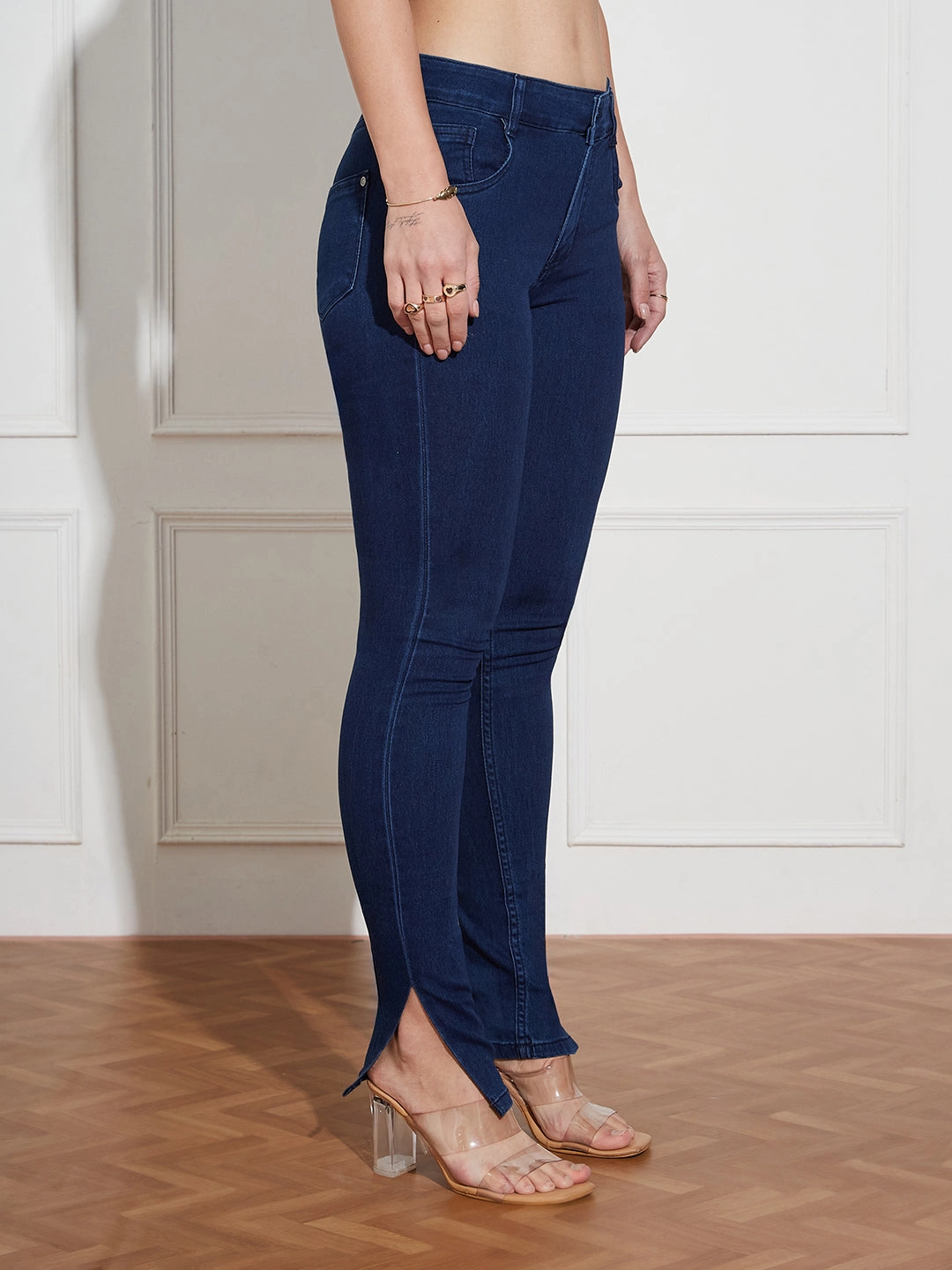 Women's Navy Blue Skinny Fit Mid Rise Cropped Length Side Slit Denim Stretchable Jeans Straight Cut