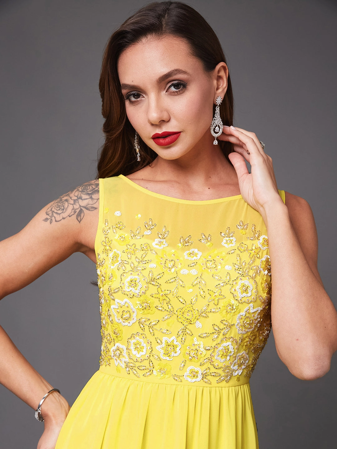 Women's Light Yellow Boat Neck Sleeveless Embroidered Georgette Gathered Maxi Dress Polished and Elegant