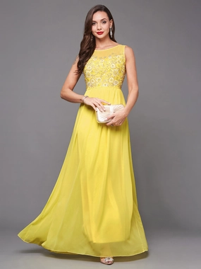 Shared Moment Women's Light Yellow Boat Neck Sleeveless Embroidered Georgette Gathered Maxi Dress