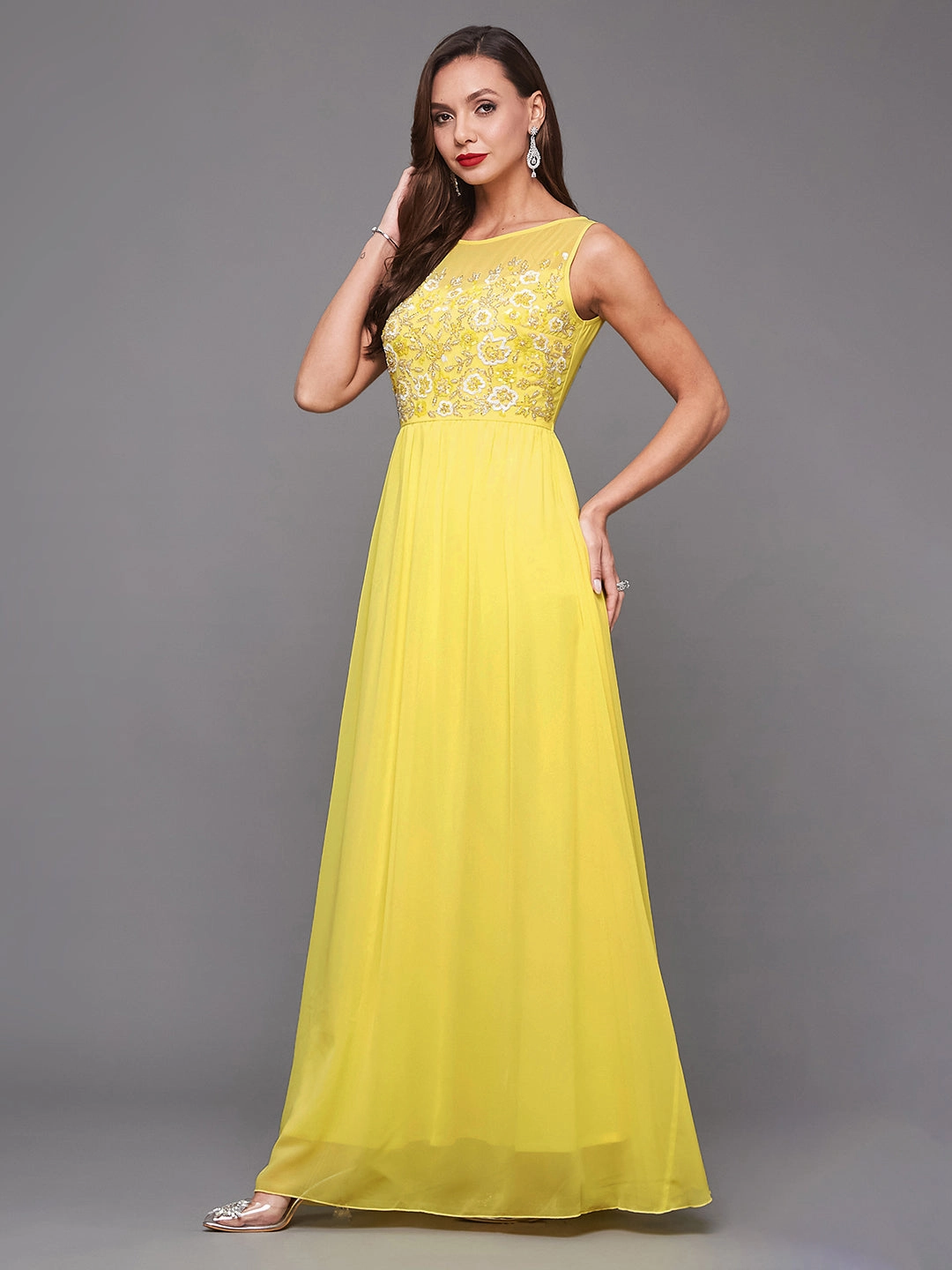 Women's Light Yellow Boat Neck Sleeveless Embroidered Georgette Gathered Maxi Dress Texture Edge