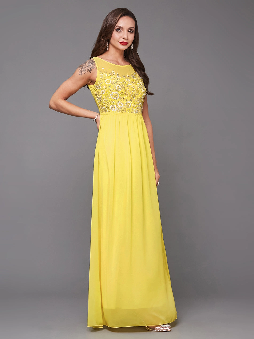 Women's Light Yellow Boat Neck Sleeveless Embroidered Georgette Gathered Maxi Dress Dark Tones