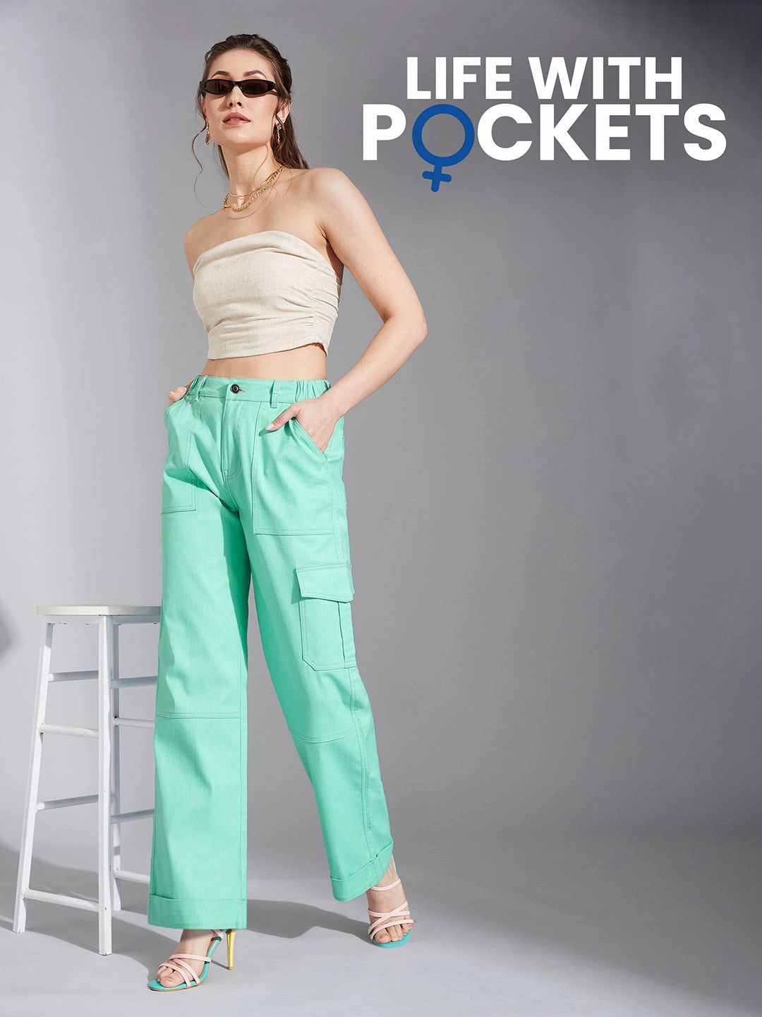 24/7 Comfort Turquoise Wide-Leg High-Rise Stretchable Denim Cargo Pants Movement Ready Fit Timeless Wear