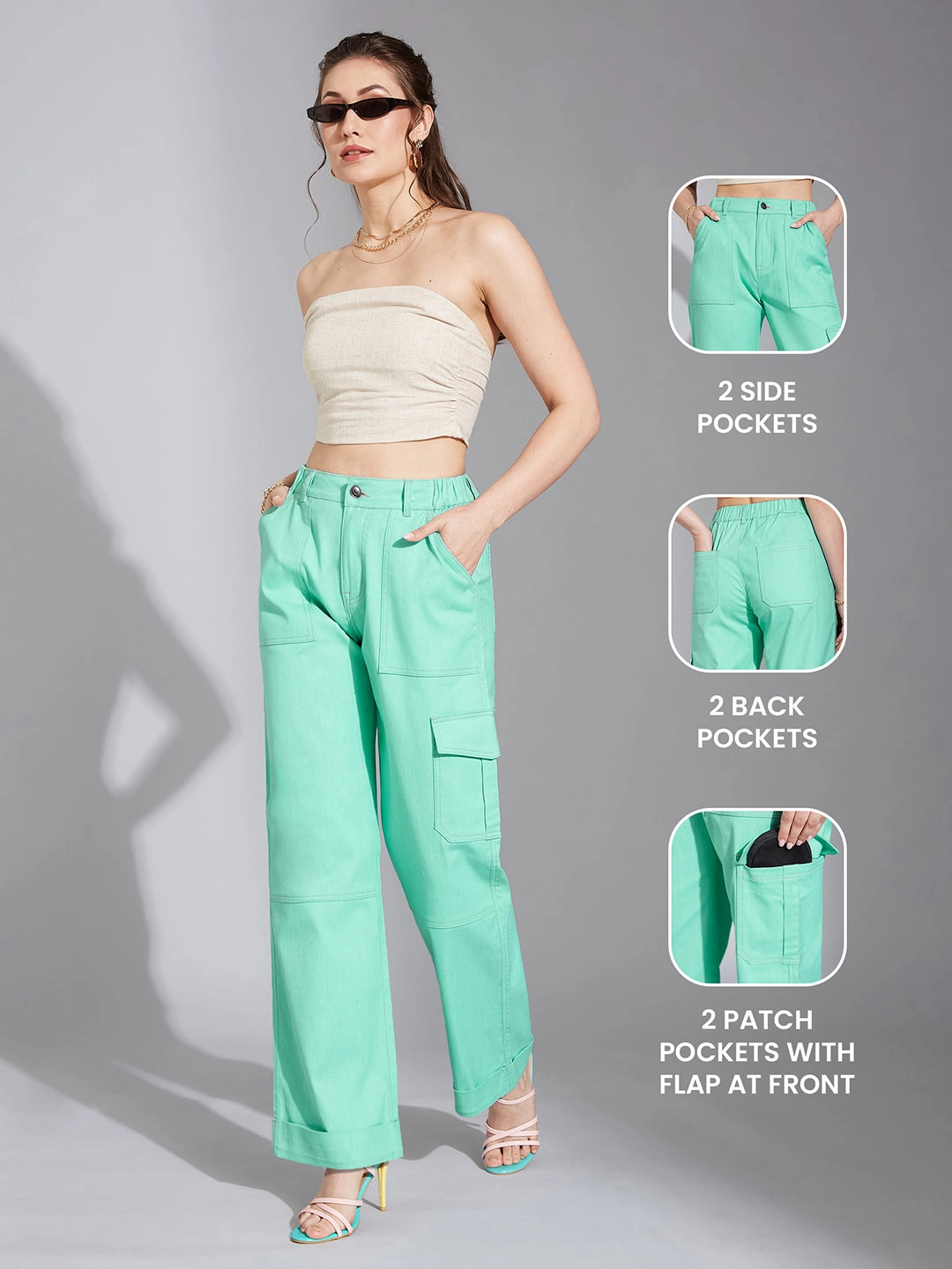 Versatile Look Weather Ready 24/7 Comfort Turquoise Wide-Leg High-Rise Stretchable Denim Cargo Pants