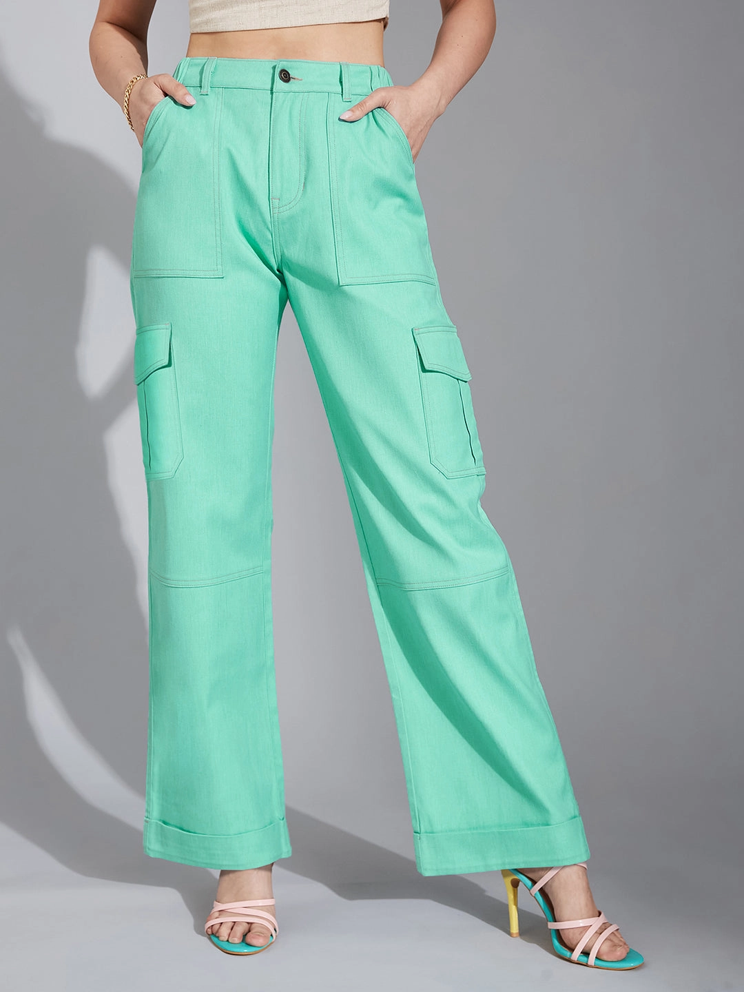 Feminine Fit 24/7 Comfort Turquoise Wide-Leg High-Rise Stretchable Denim Cargo Pants