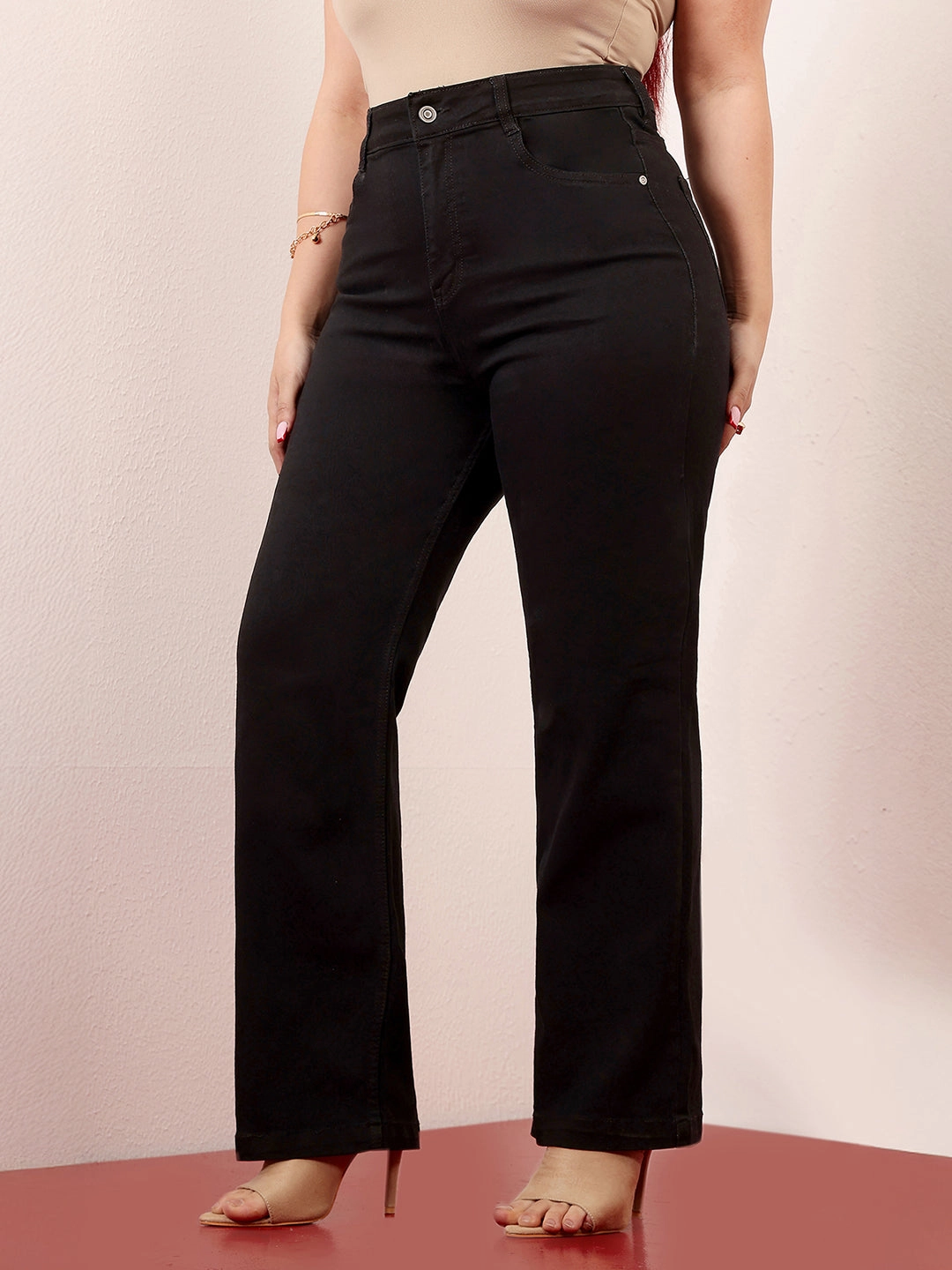 Daily Uniform Women's Black Straight High-Rise Regular-Length Stretchable Denim Jeans