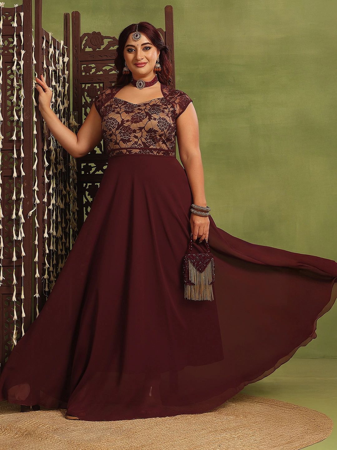 Women's Wine & Beige Floral V-Neck Cap-Sleeves Lace-Overlaid Fit & Flare Paneled Maxi Dress Street Edge Lace-Trim