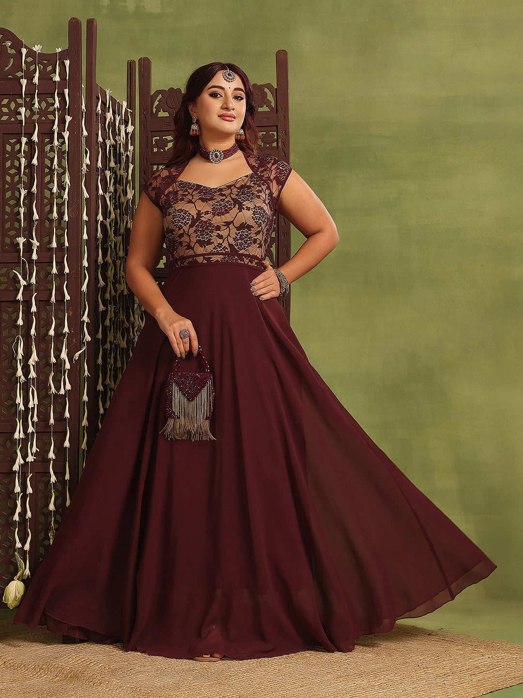 Season Ready Chic Tailoring Waist Women's Wine & Beige Floral V-Neck Cap-Sleeves Lace-Overlaid Fit & Flare Paneled Maxi Dress