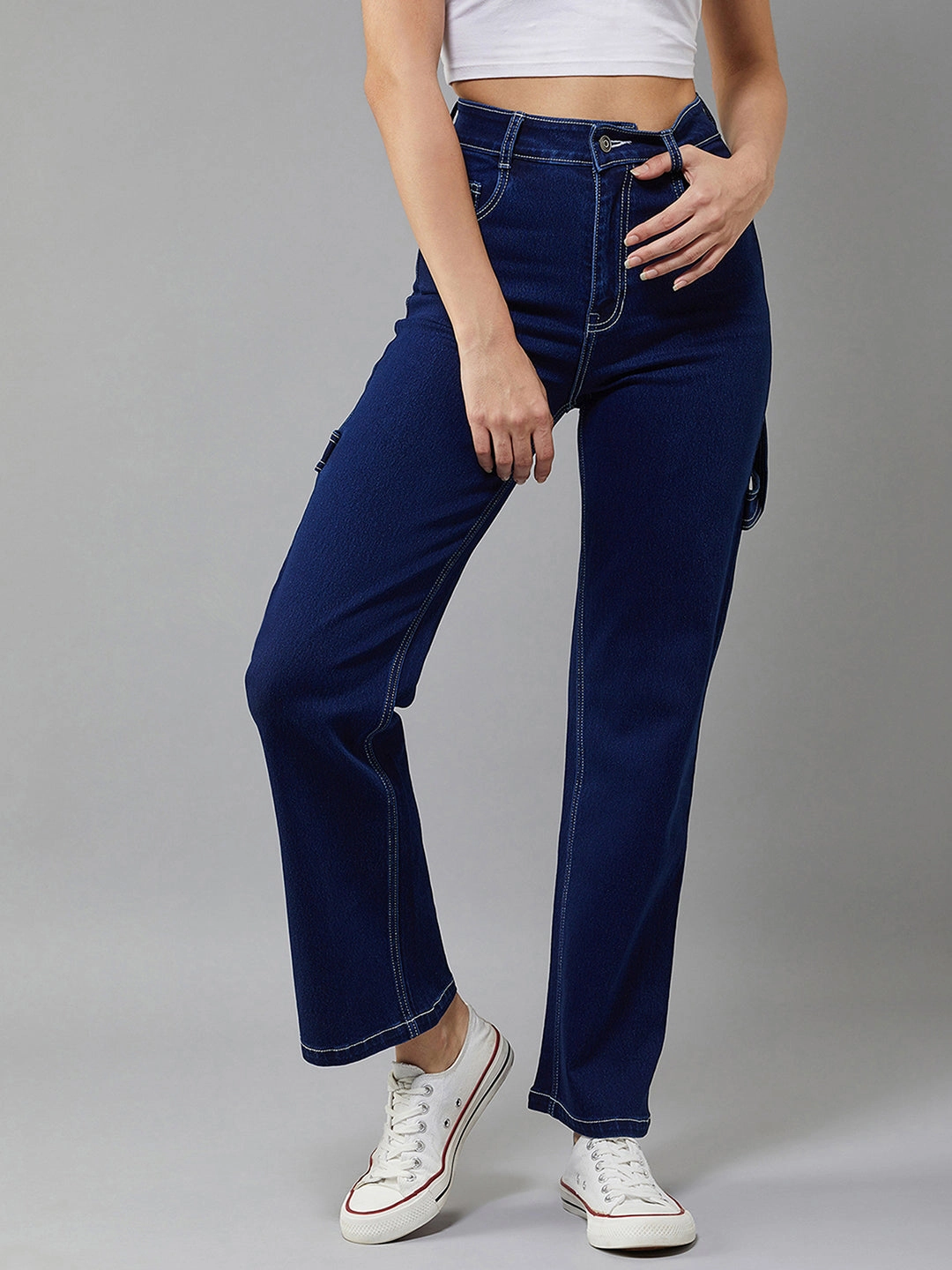 24/7 Comfort Navy-Blue Wide-Leg Bell-Bottom Bootcut High-Rise Stretchable Denim Jeans Advanced Stretch Recovery Minimalist Trendy Everyday