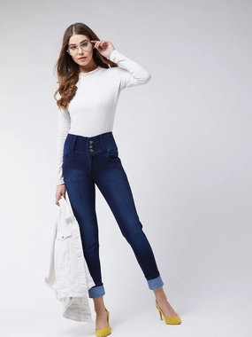 Crisp Look Women's Navy-Blue Skinny-Fit High-Rise Printed Turner Detailing Stretchable High-Rise Denim Jeans