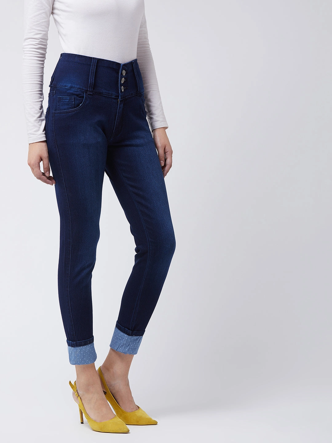 City Life Style Women's Navy-Blue Skinny-Fit High-Rise Printed Turner Detailing Stretchable High-Rise Denim Jeans