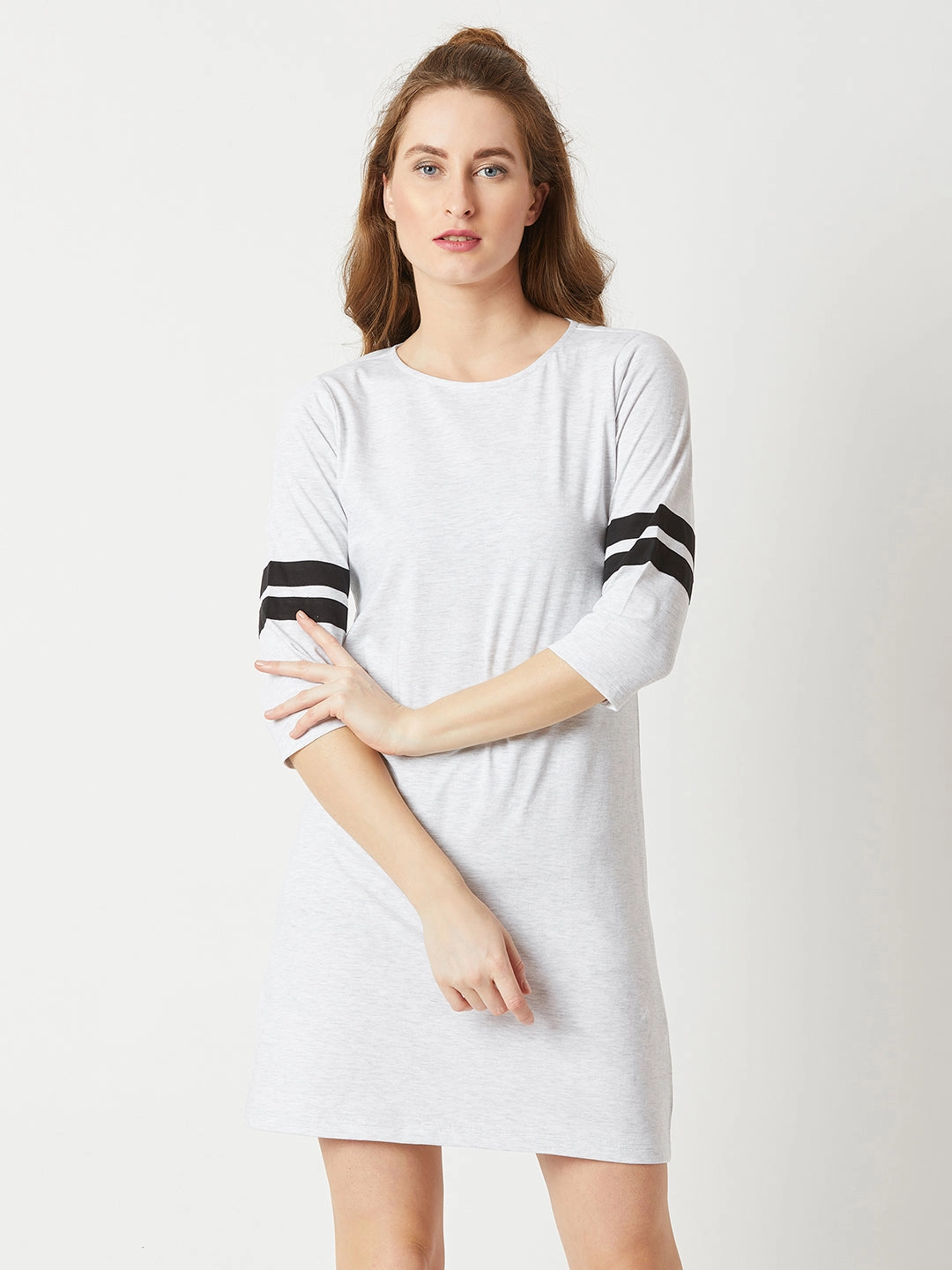 Women's Light Grey Round Neck Full Sleeve Cotton Solid Knee-Long Shift Dress Feminine Style Timeless Fashion