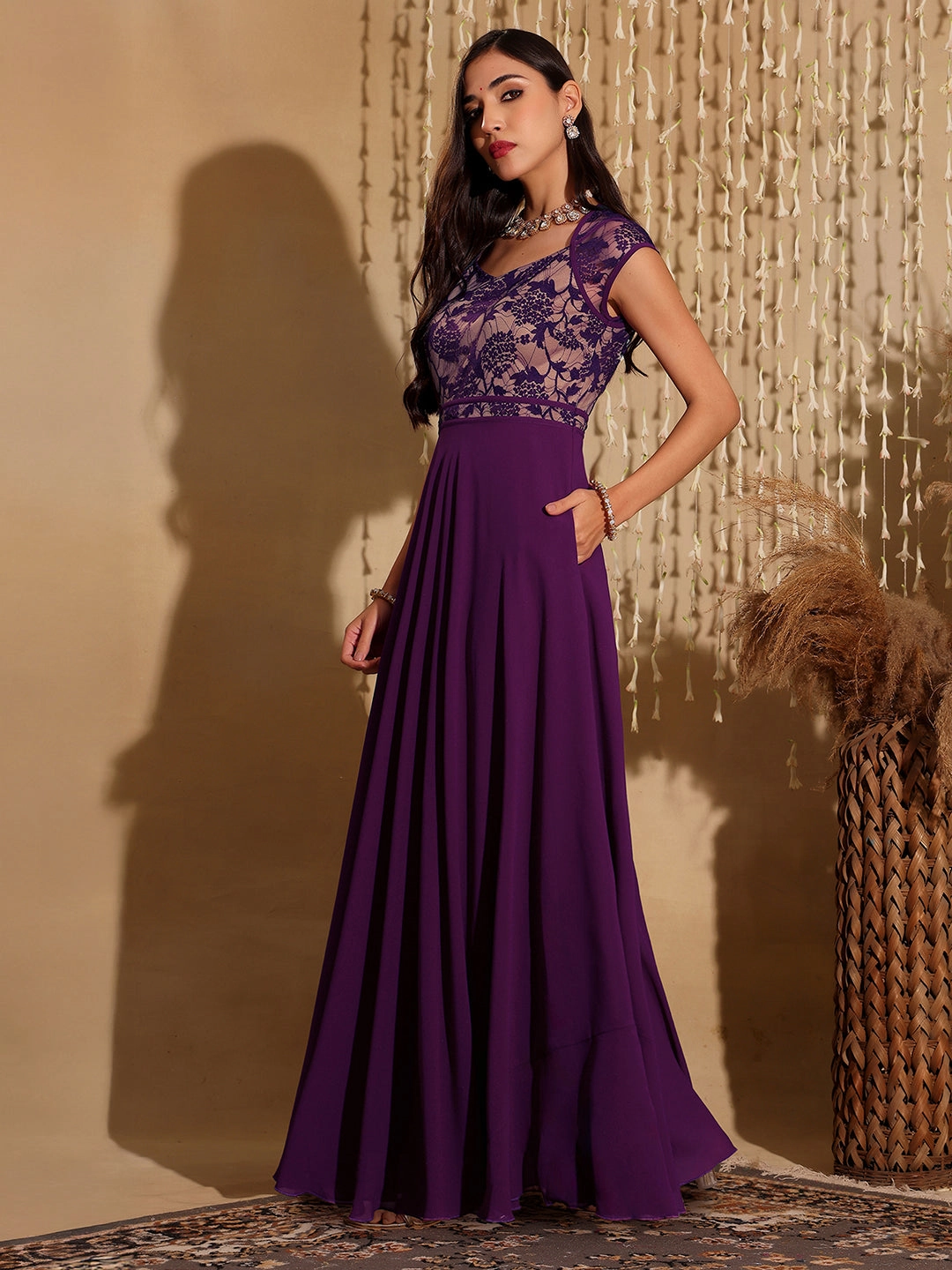 Women's Dark Purple Sweet-Heart Neck Cap-Sleeve Floral Fit & Flare Georgette Maxi Dress Coffee Break Smooth silhouette