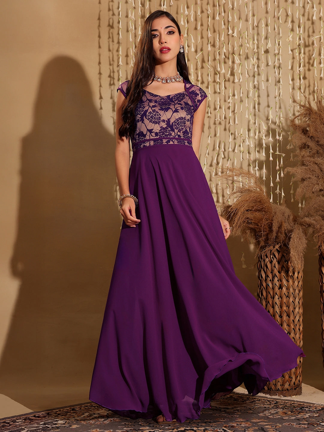 Cozy Wearable Women's Dark Purple Sweet-Heart Neck Cap-Sleeve Floral Fit & Flare Georgette Maxi Dress