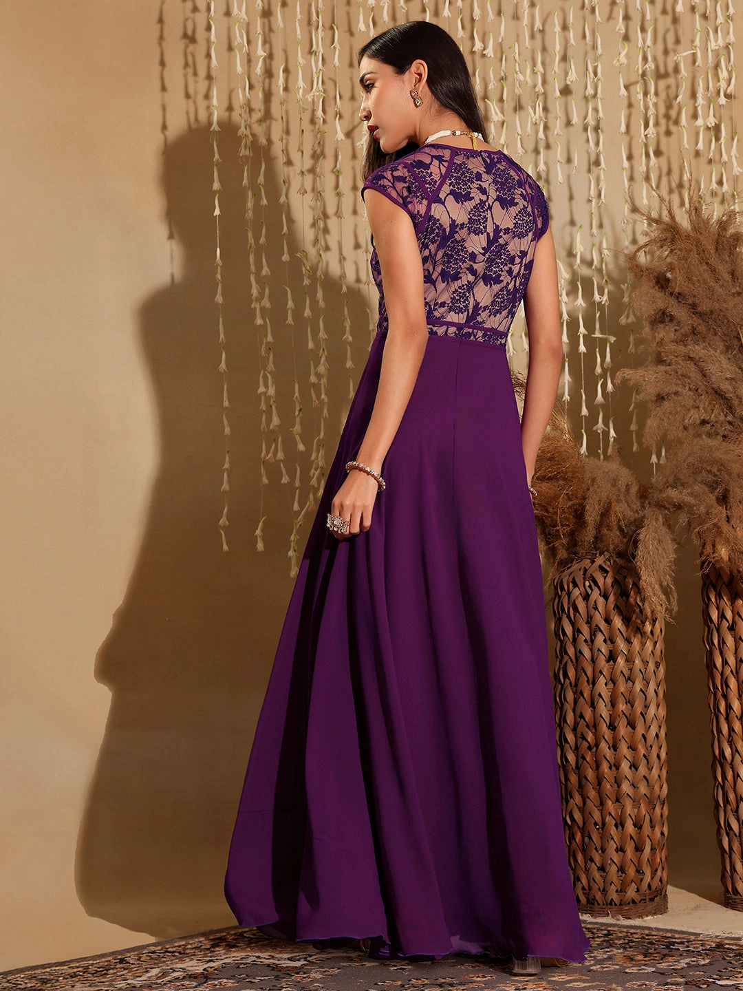 Vintage Vibe Polished Style Women's Dark Purple Sweet-Heart Neck Cap-Sleeve Floral Fit & Flare Georgette Maxi Dress